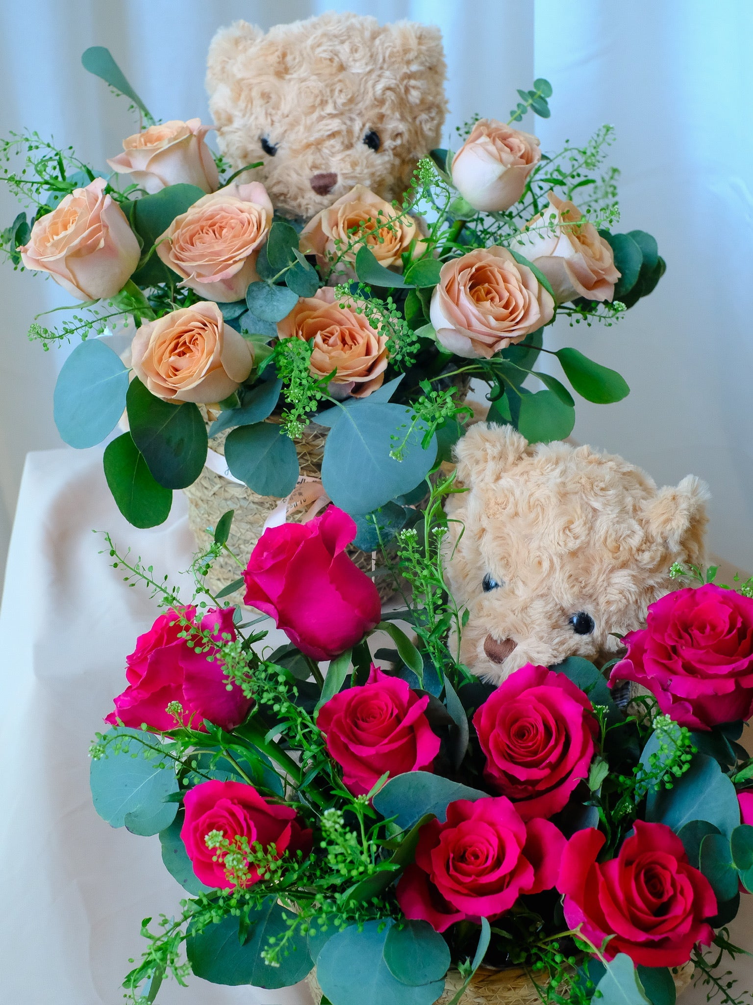 Bella Cappuccino Roses in Teddy Bear Holder Hello Flowers Singapore